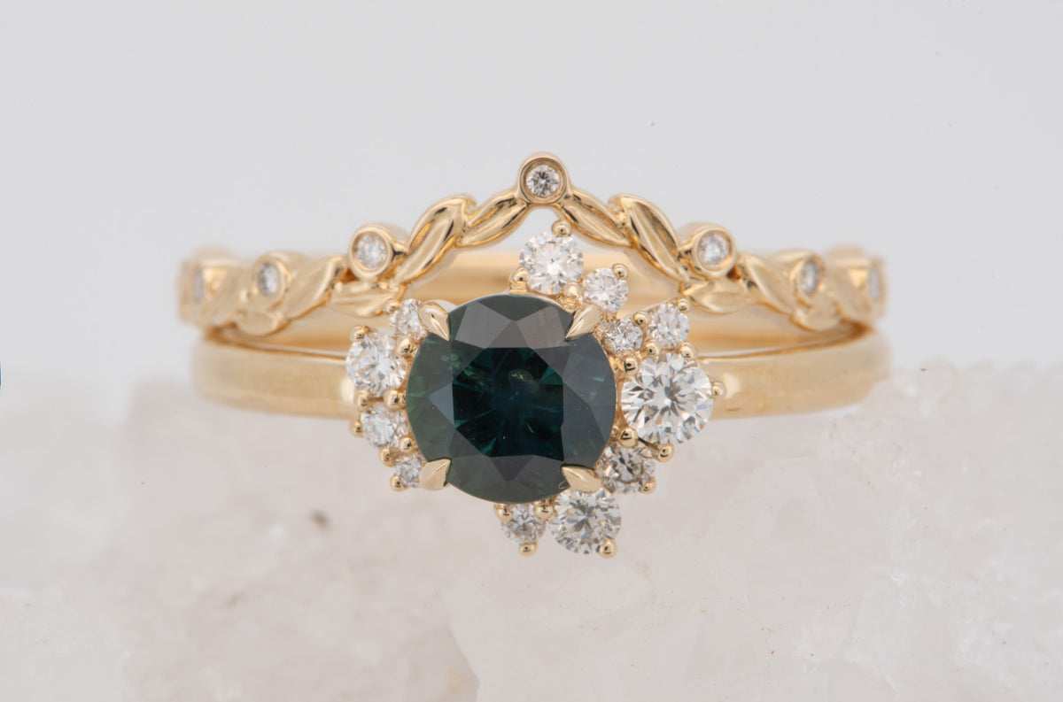 14K Gold Teal Blue Montana Sapphire with Diamond Cluster Engagement Ring R6823