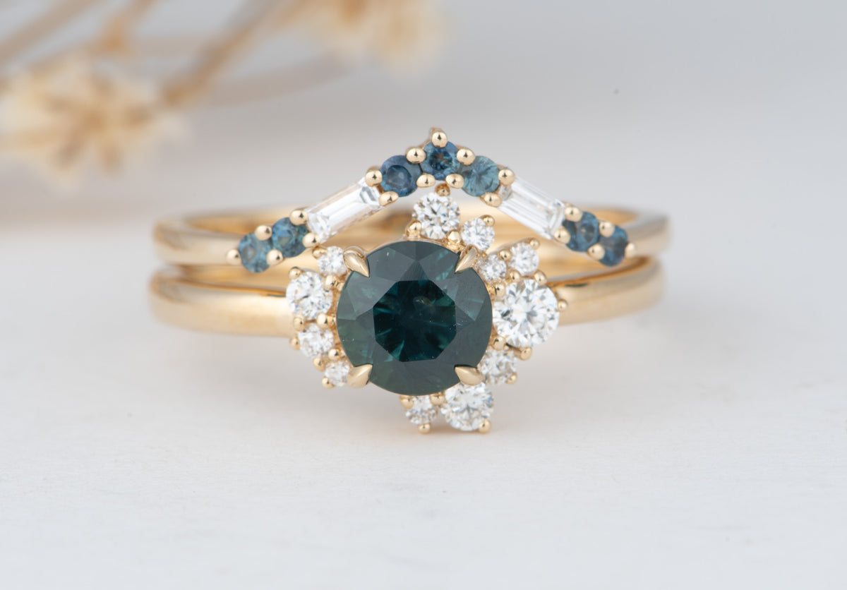 14K Gold Teal Blue Montana Sapphire with Diamond Cluster Engagement Ring R6823