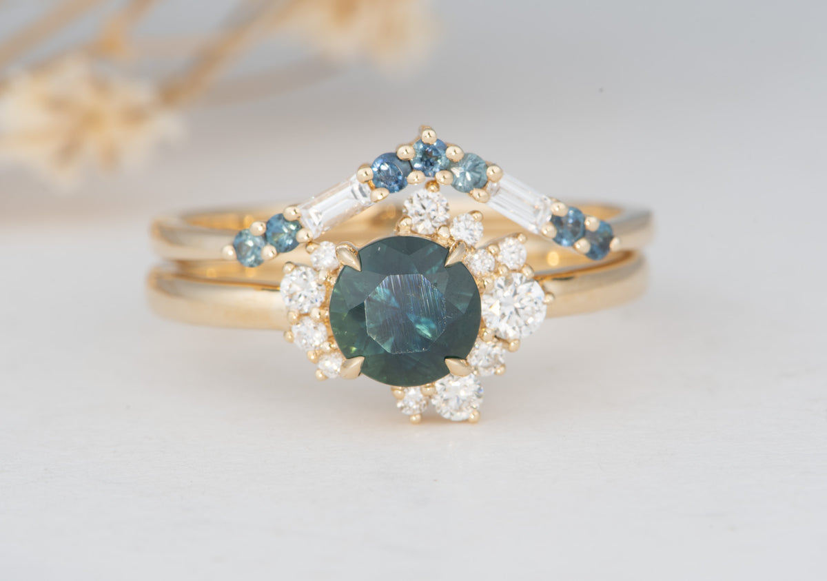 14K Gold Teal Blue Montana Sapphire with Diamond Cluster Engagement Ring R6823