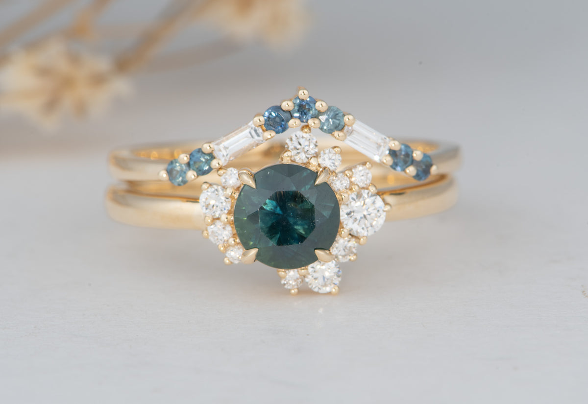 14K Gold Teal Blue Montana Sapphire with Diamond Cluster Engagement Ring R6823