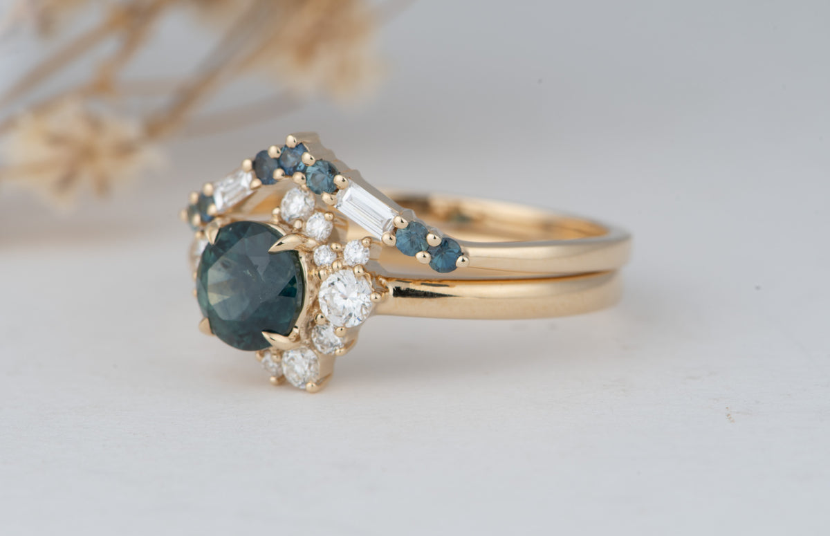 14K Gold Teal Blue Montana Sapphire with Diamond Cluster Engagement Ring R6823