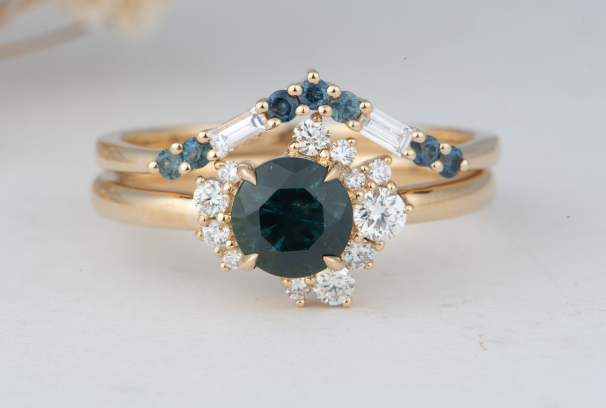 14K Gold Teal Blue Montana Sapphire with Diamond Cluster Engagement Ring R6823