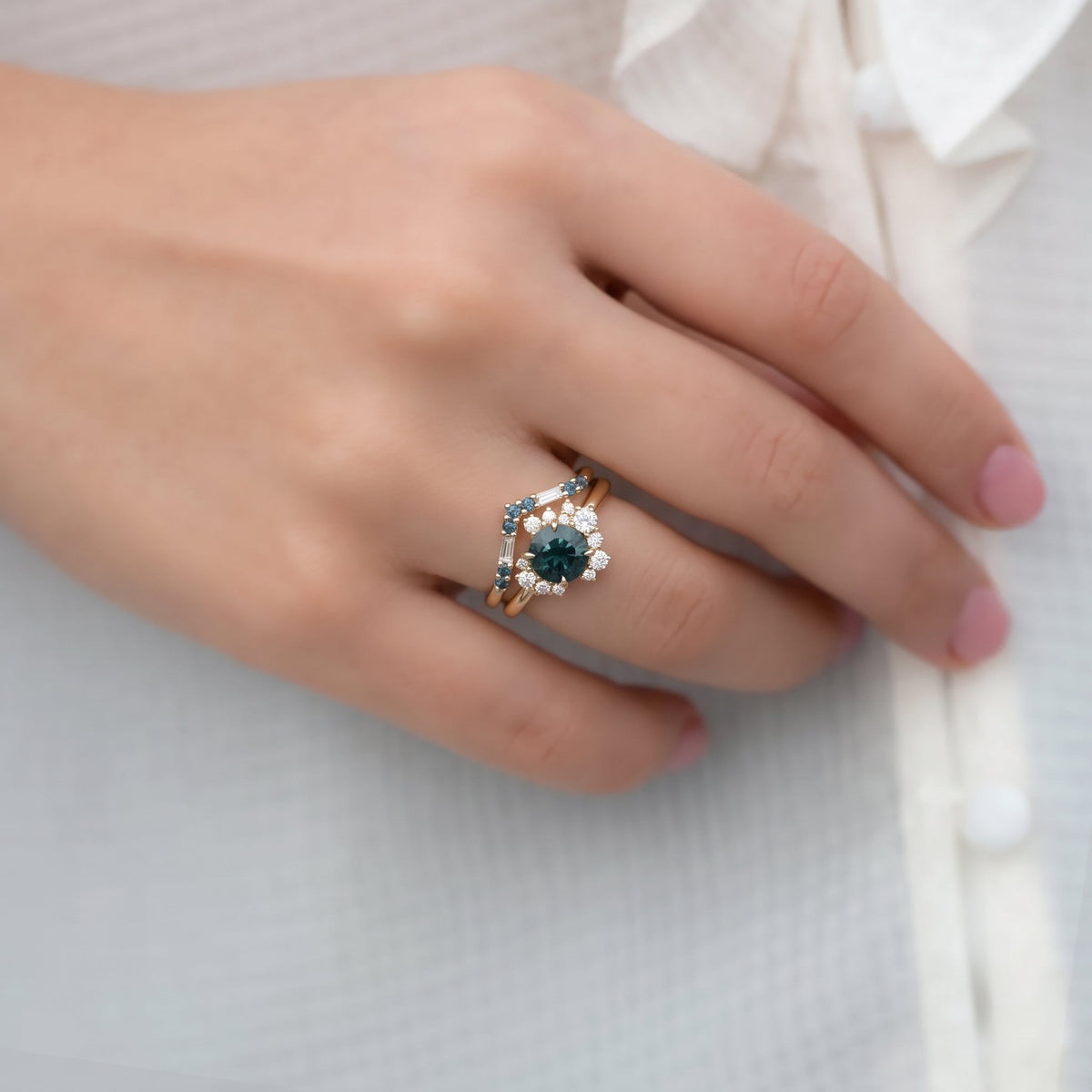 14K Gold Teal Blue Montana Sapphire with Diamond Cluster Engagement Ring R6823