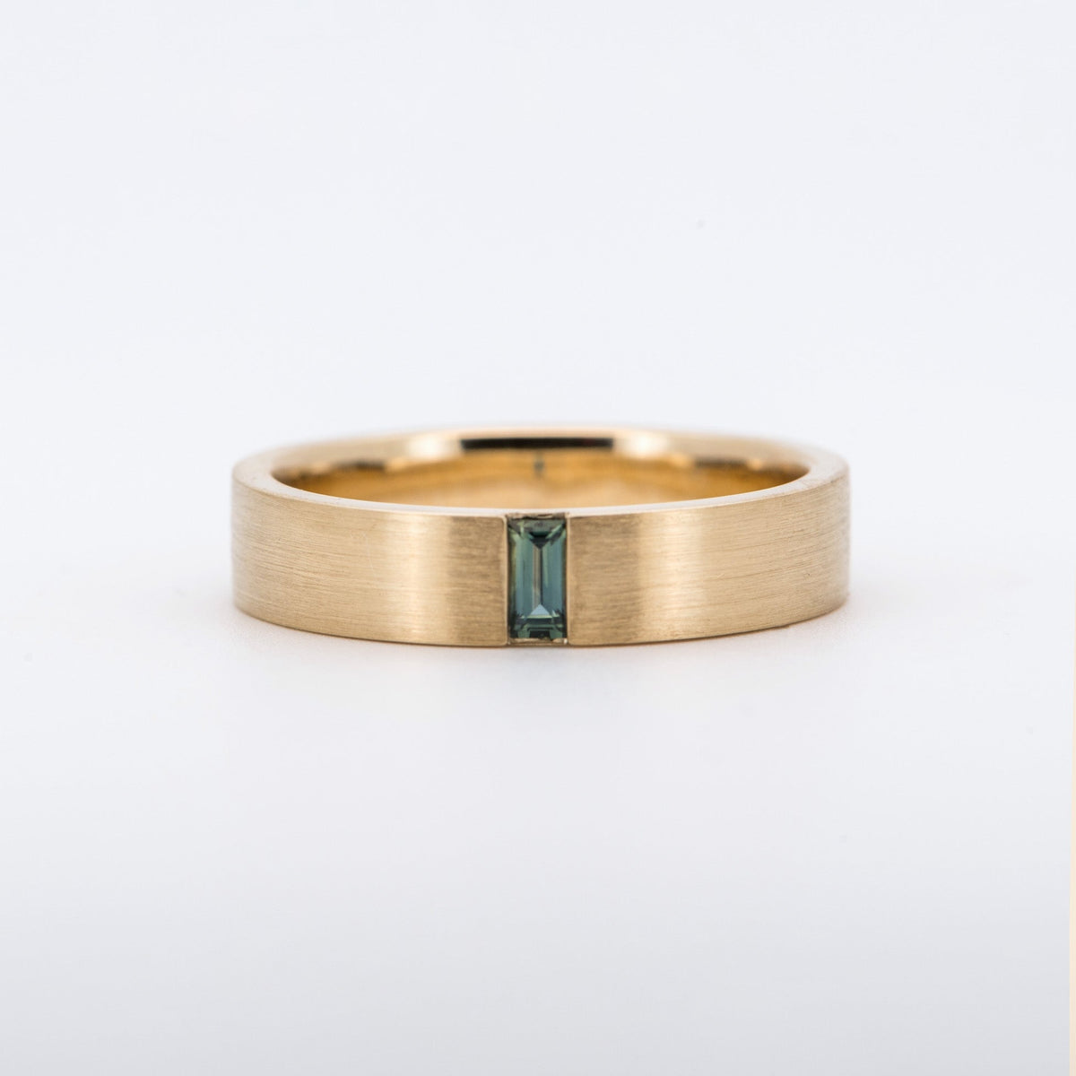 14K Gold 4.5mm Wide Wedding Band with Baguette Teal Sapphire M5096 Aurora Designer