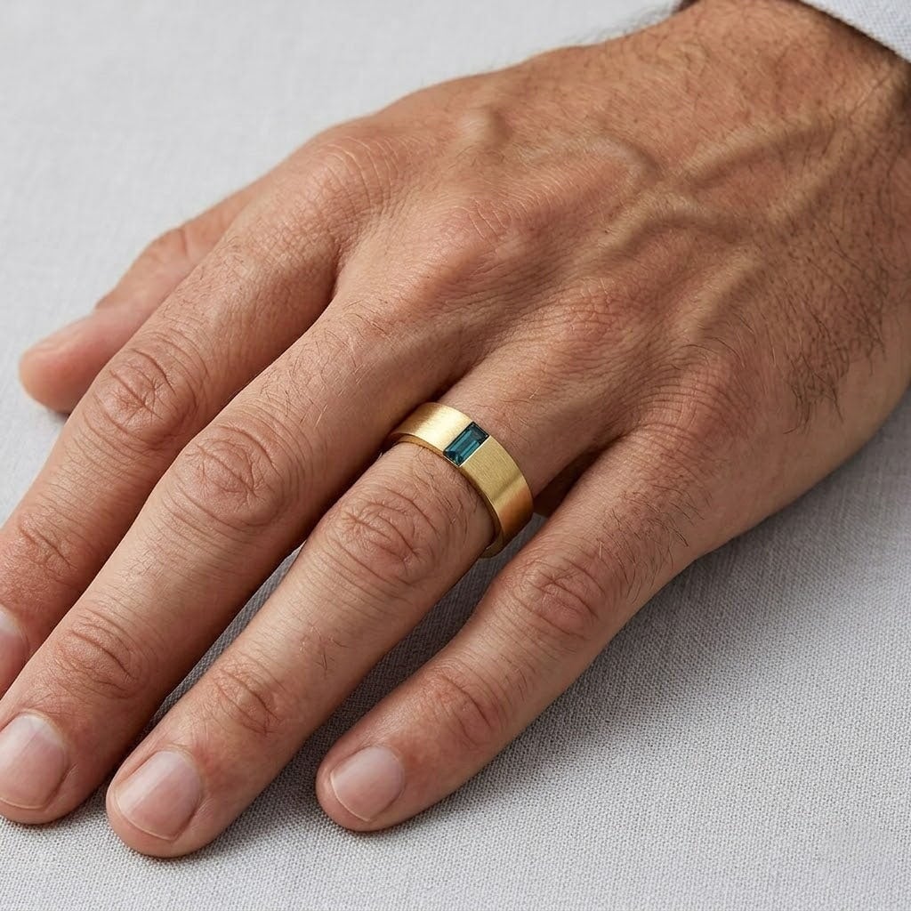 14K Gold 4.5mm Wide Wedding Band with Baguette Teal Sapphire M5096 Aurora Designer