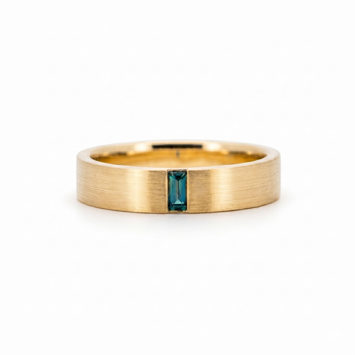 14K Gold 4.5mm Wide Wedding Band with Baguette Teal Sapphire M5096 Aurora Designer