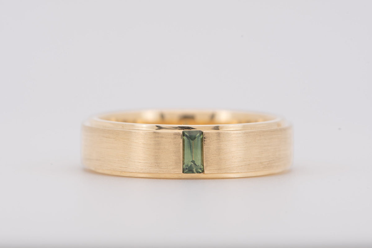 14K Gold 5mm Wide Wedding Band with Baguette Teal Sapphire M5097 Aurora Designer