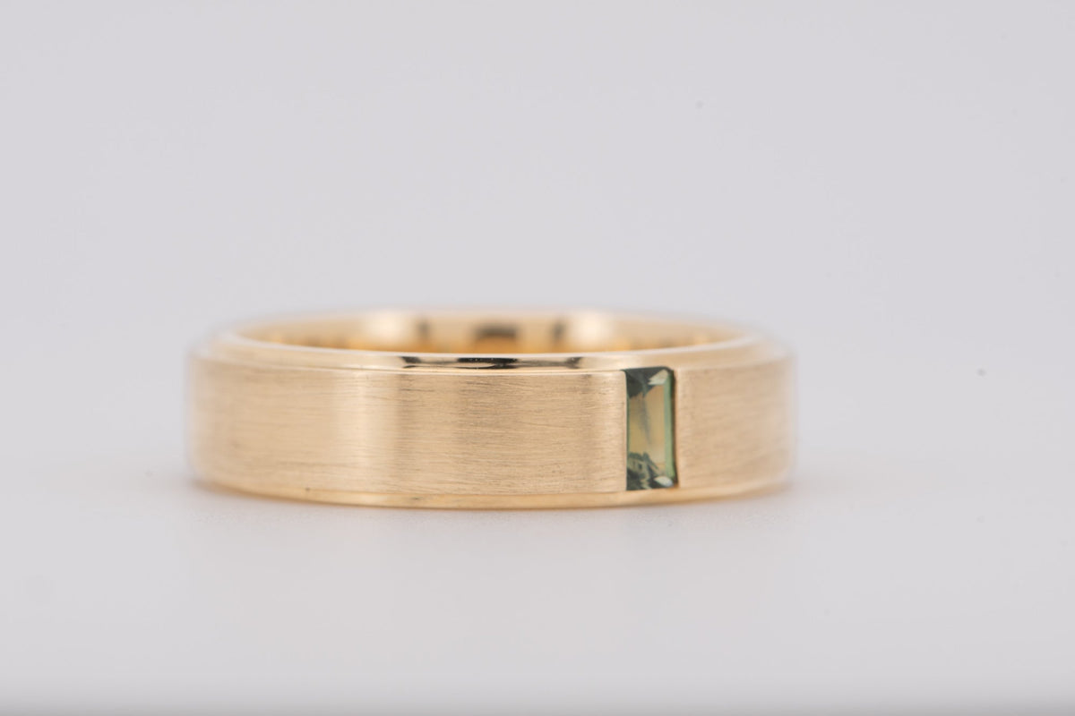 14K Gold 5mm Wide Wedding Band with Baguette Teal Sapphire M5097 Aurora Designer