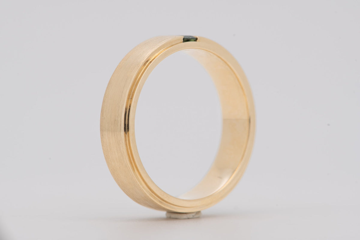 14K Gold 5mm Wide Wedding Band with Baguette Teal Sapphire M5097 Aurora Designer