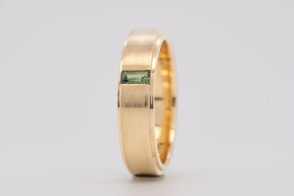 14K Gold 5mm Wide Wedding Band with Baguette Teal Sapphire M5097 Aurora Designer