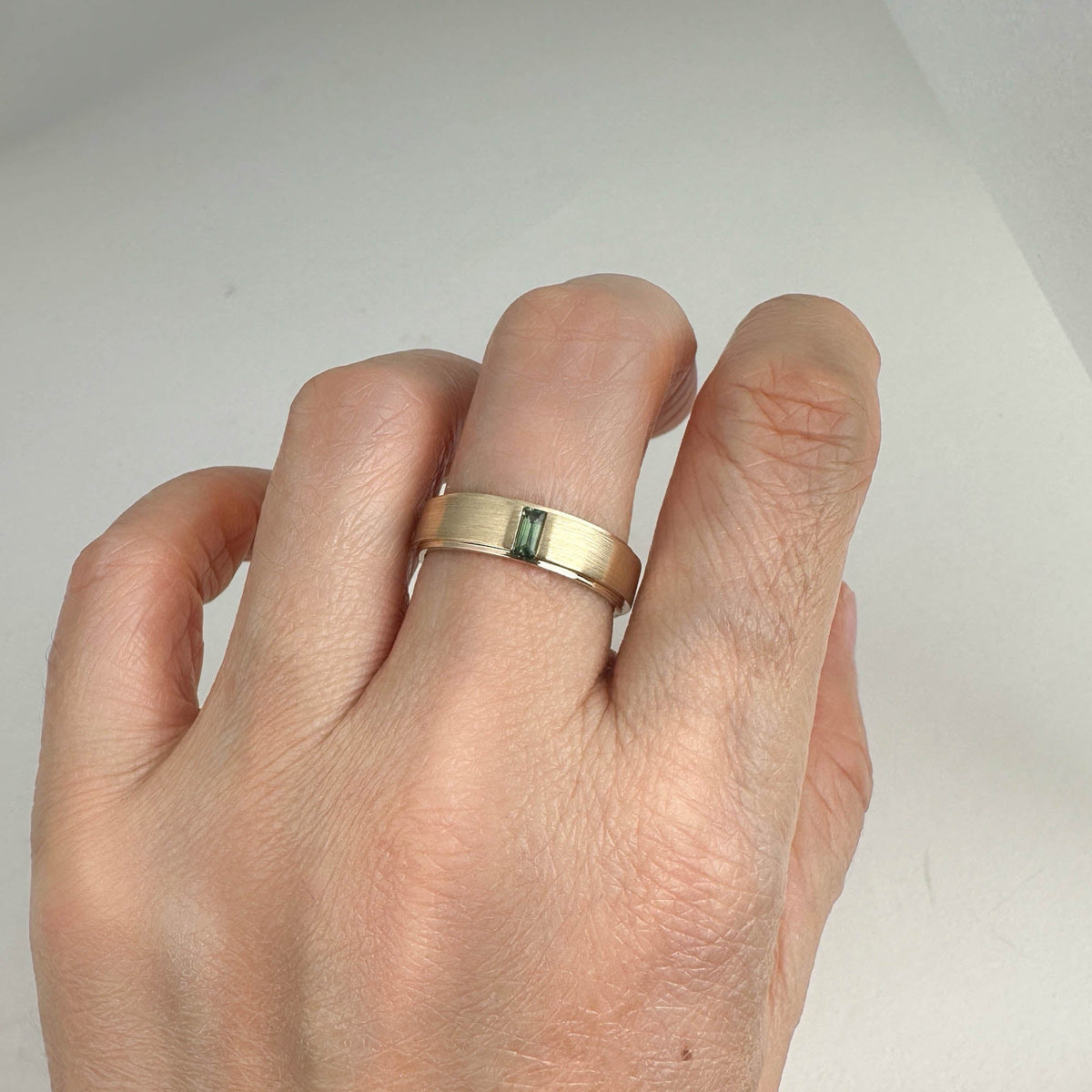 14K Gold 5mm Wide Wedding Band with Baguette Teal Sapphire M5097 Aurora Designer