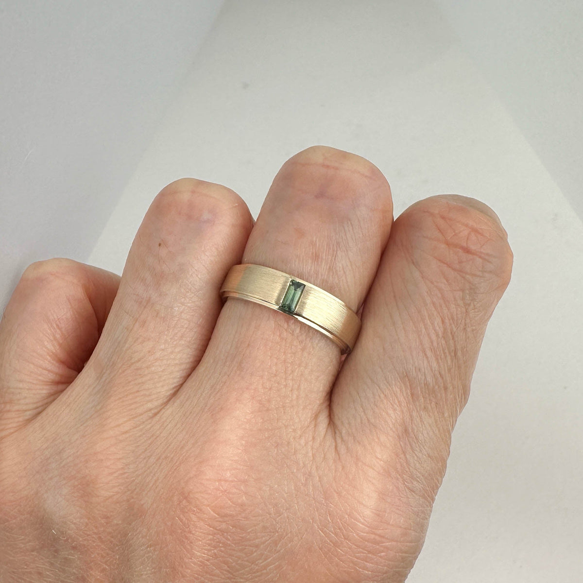 14K Gold 5mm Wide Wedding Band with Baguette Teal Sapphire M5097 Aurora Designer