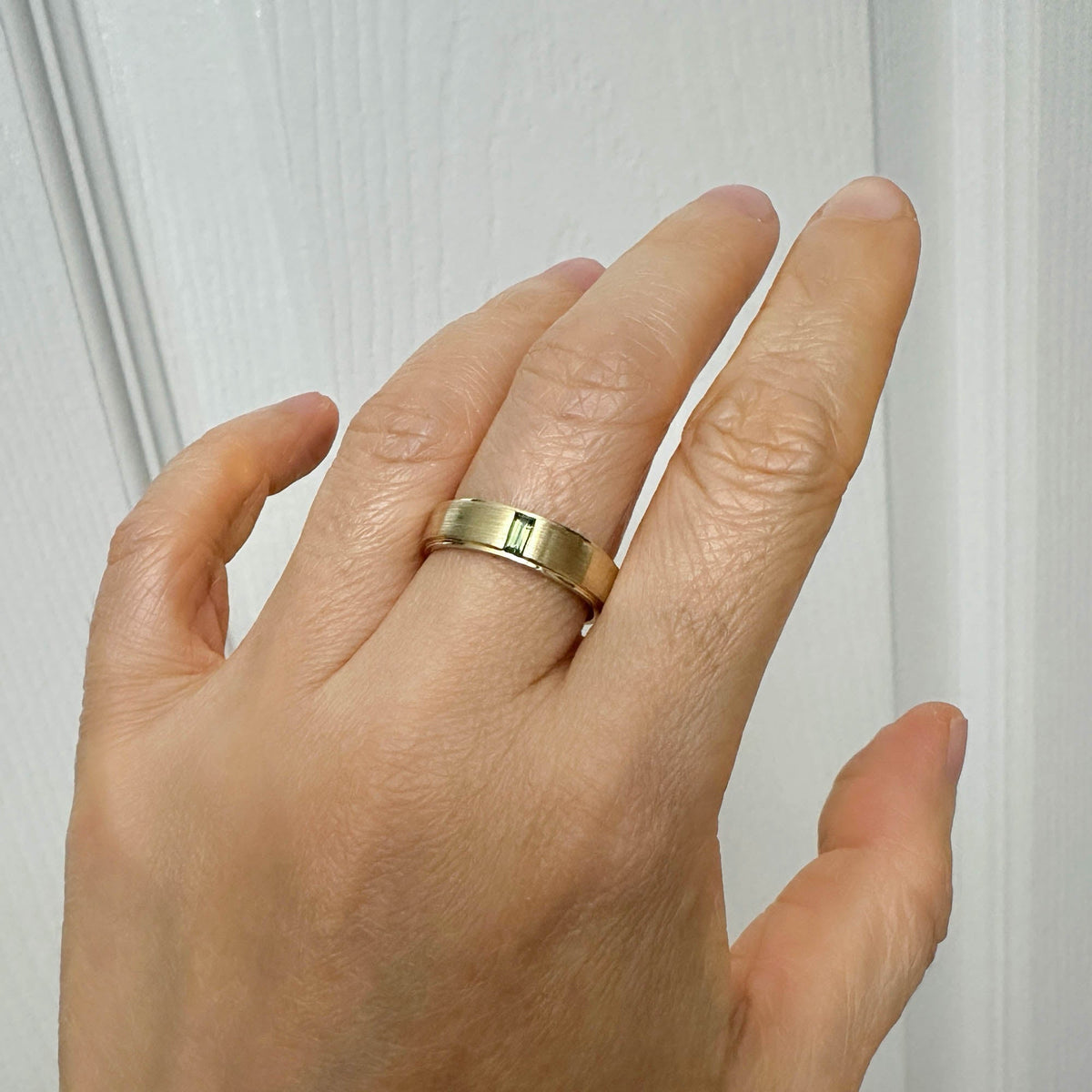 14K Gold 5mm Wide Wedding Band with Baguette Teal Sapphire M5097 Aurora Designer