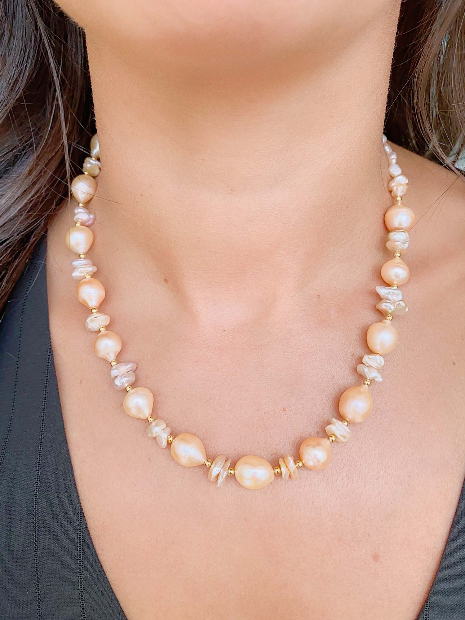 Peach Pink Mixed Pearl Necklace with Adjustable Gold Clasp P1017 Aurora Designer