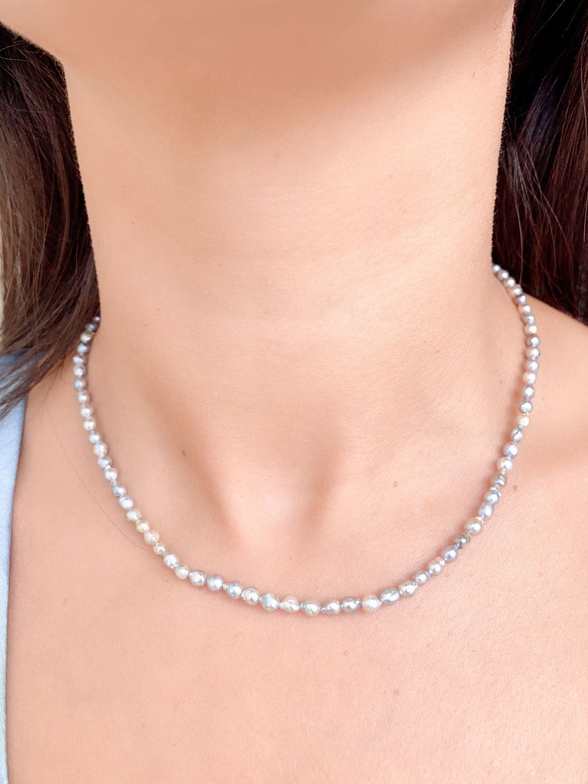 3-4mm Darker Blue Gray Akoya Keshi Pearl Necklace with 14K Gold Clasp P1057 Aurora Designer