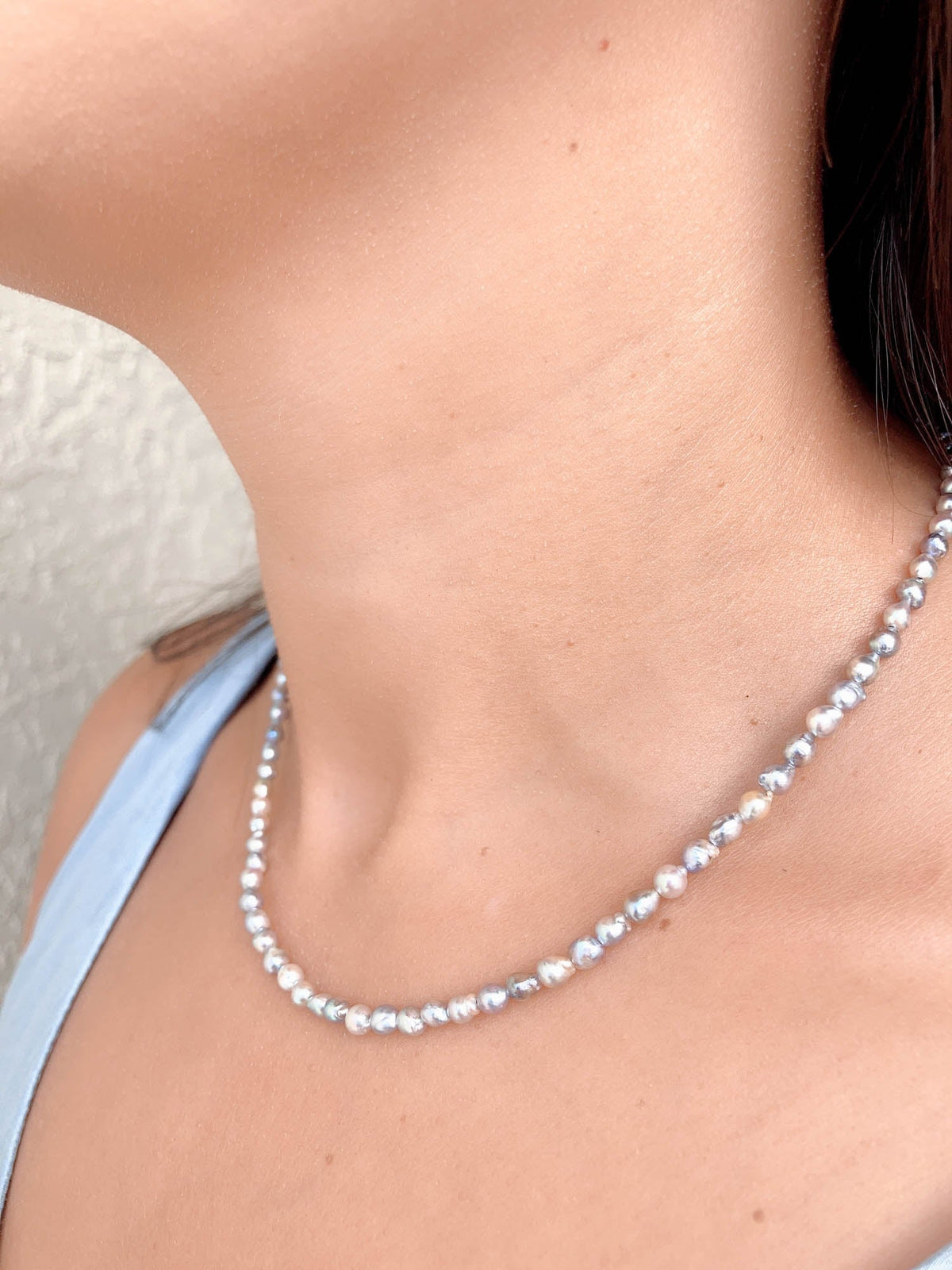 3-4mm Darker Blue Gray Akoya Keshi Pearl Necklace with 14K Gold Clasp P1057 Aurora Designer
