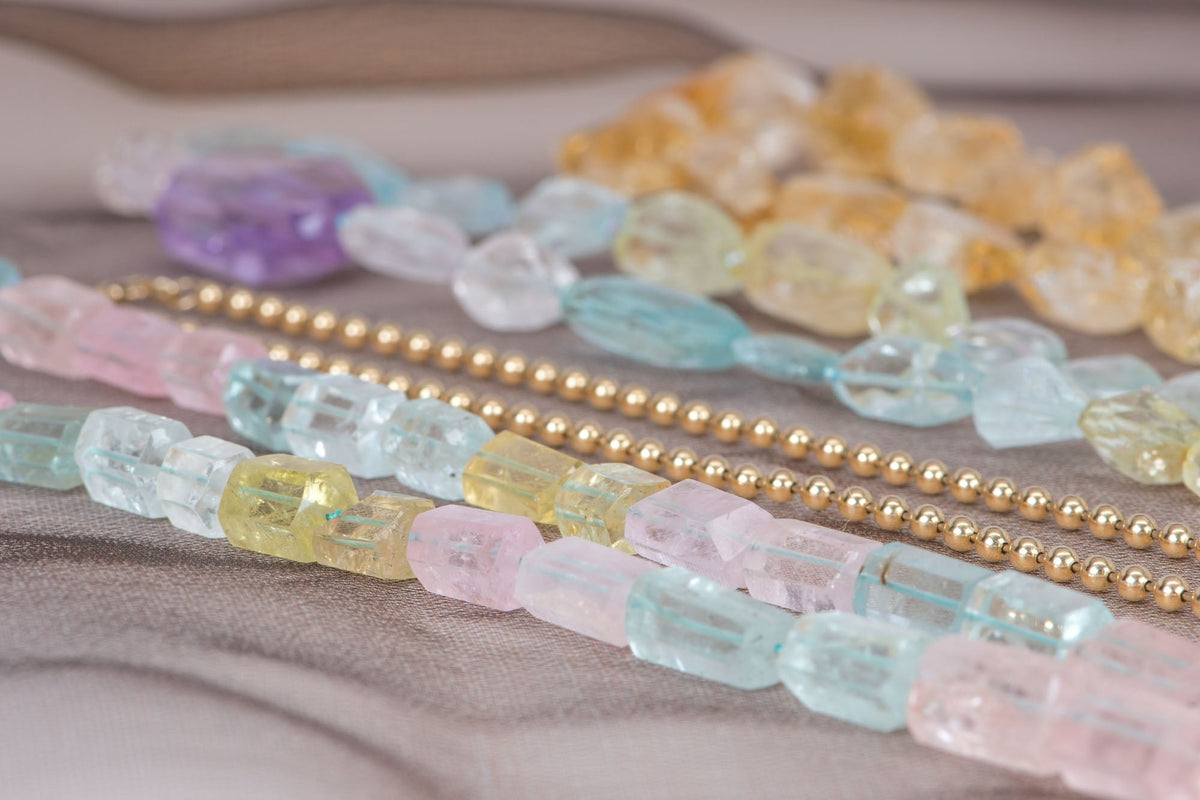 Aquamarine and Morganite Mixed Beryl Knotted Necklace with 14K Gold Sailor Clasp P1089 Aurora Designer