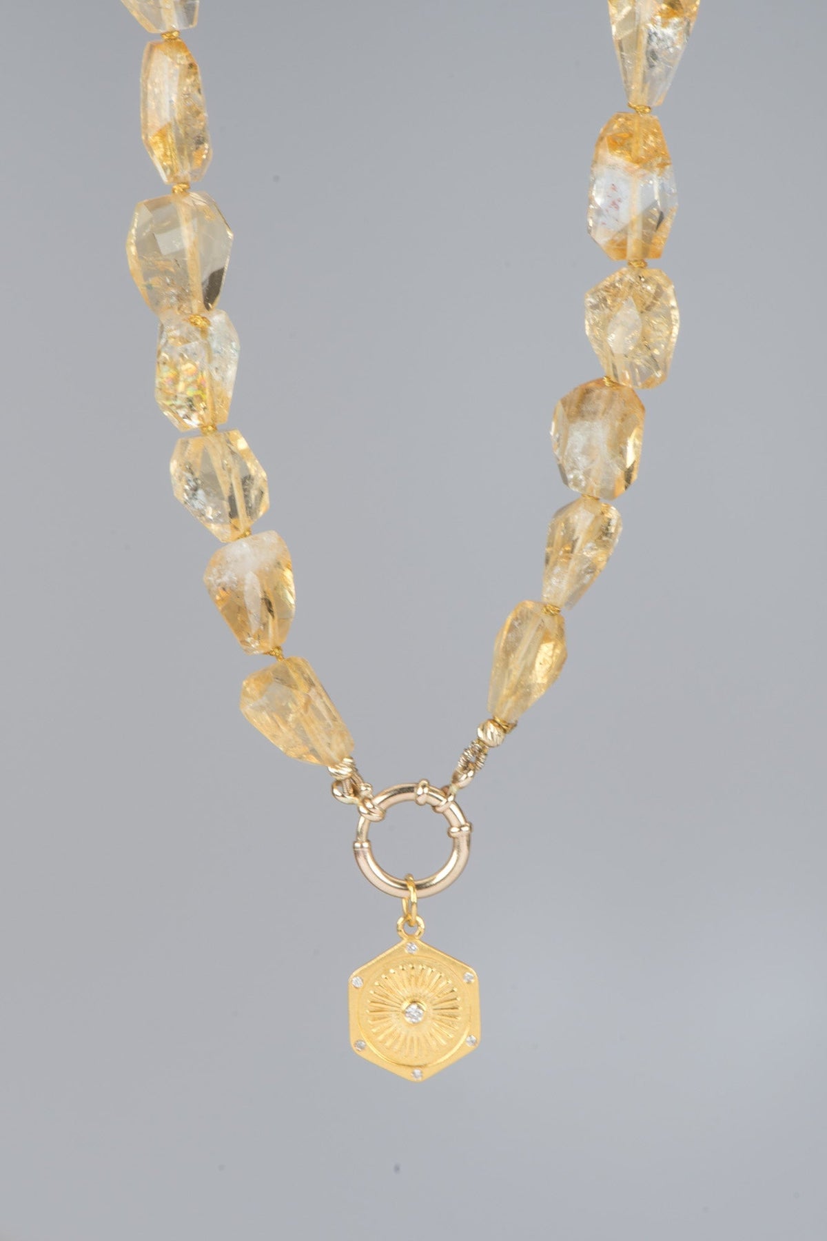 Citrine Faceted Nugget Bead Hand Knotted Necklace with 14K Gold Sailor Clasp P1085 Aurora Designer