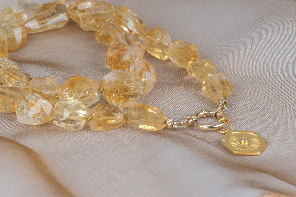 Citrine Faceted Nugget Bead Hand Knotted Necklace with 14K Gold Sailor Clasp P1085 Aurora Designer