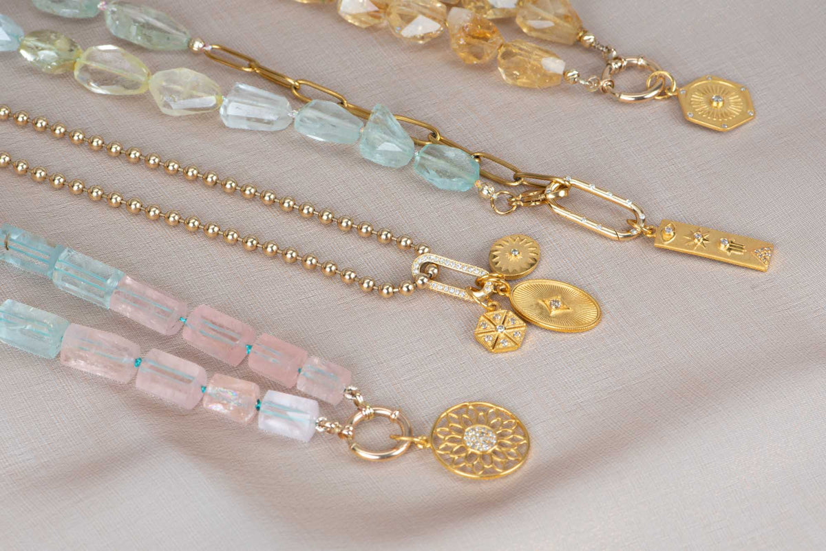 Aquamarine and Morganite Mixed Beryl Knotted Necklace with 14K Gold Sailor Clasp P1089 Aurora Designer