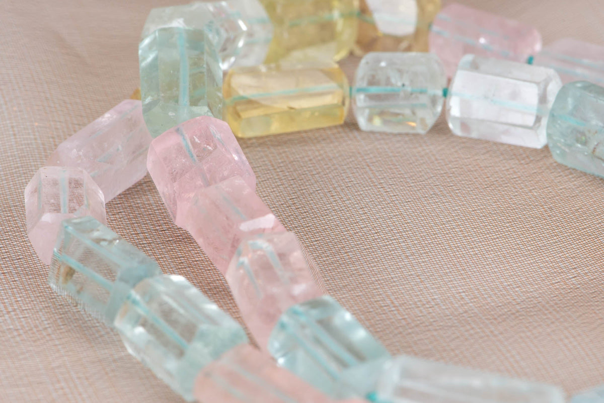 Aquamarine and Morganite Mixed Beryl Knotted Necklace with 14K Gold Sailor Clasp P1089 Aurora Designer