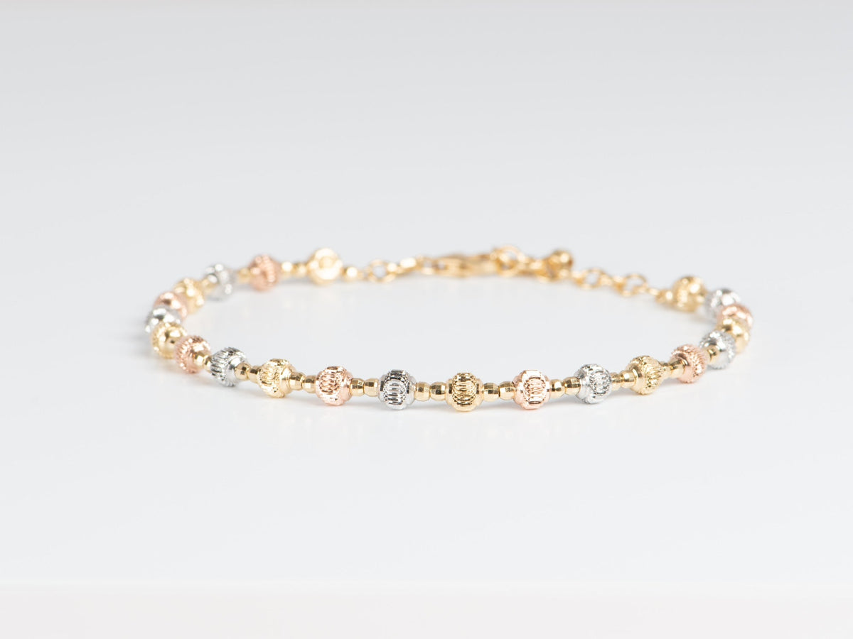 Tri-Color Solid 18K Gold Diamond Cut Sparkly Bead Bracelet 4.9g R2053 Aurora Designer