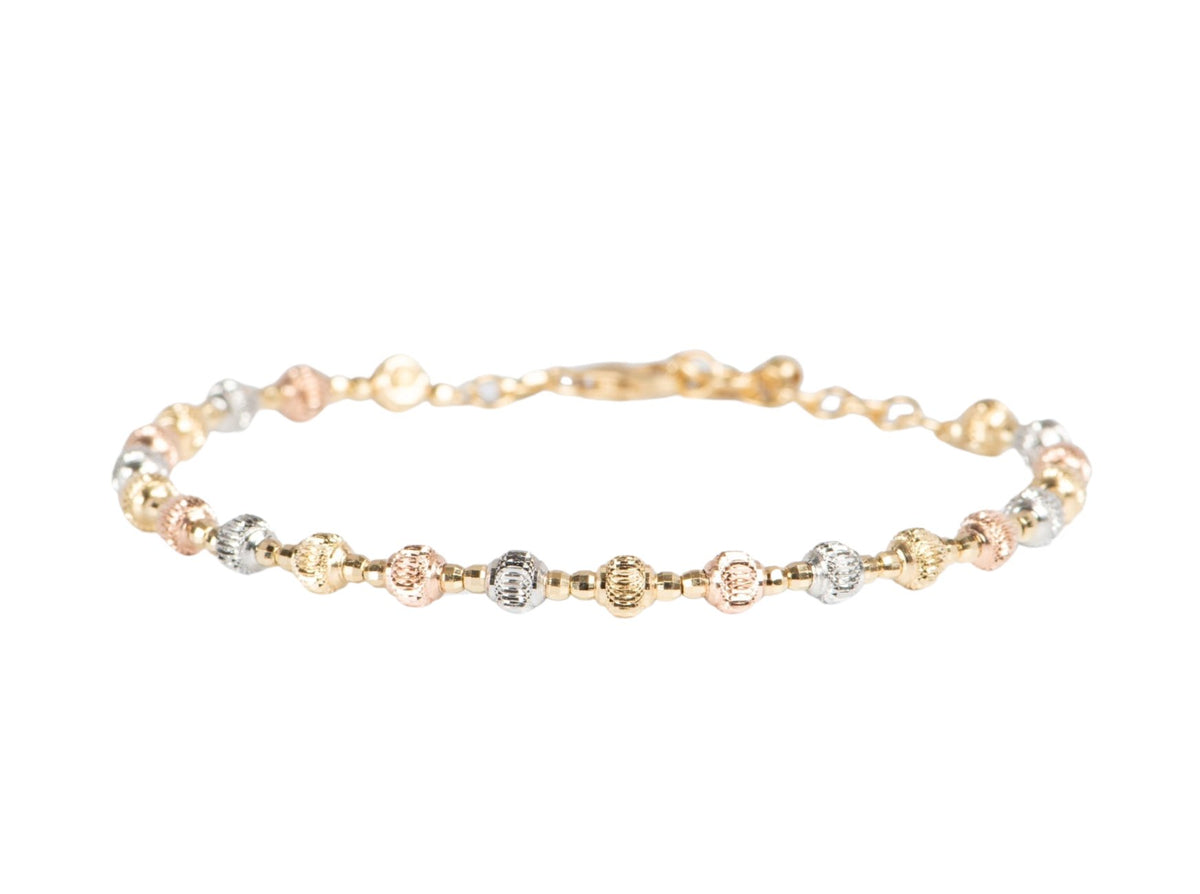 Tri-Color Solid 18K Gold Diamond Cut Sparkly Bead Bracelet 4.7g R2053 Aurora Designer