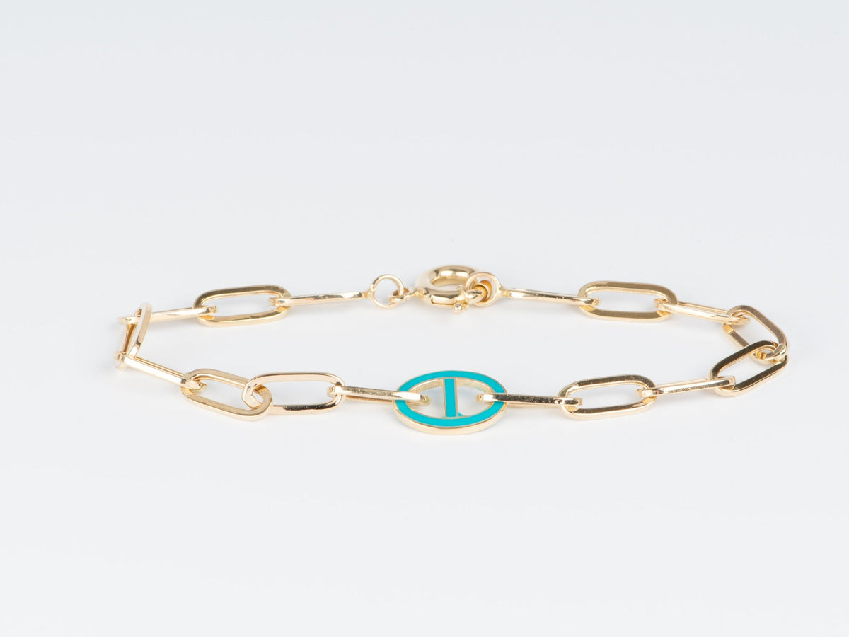 Paperlink Bracelet with Turquoise Enamel Mariner Link 14K Gold 4-4.09g R2062 Aurora Designer