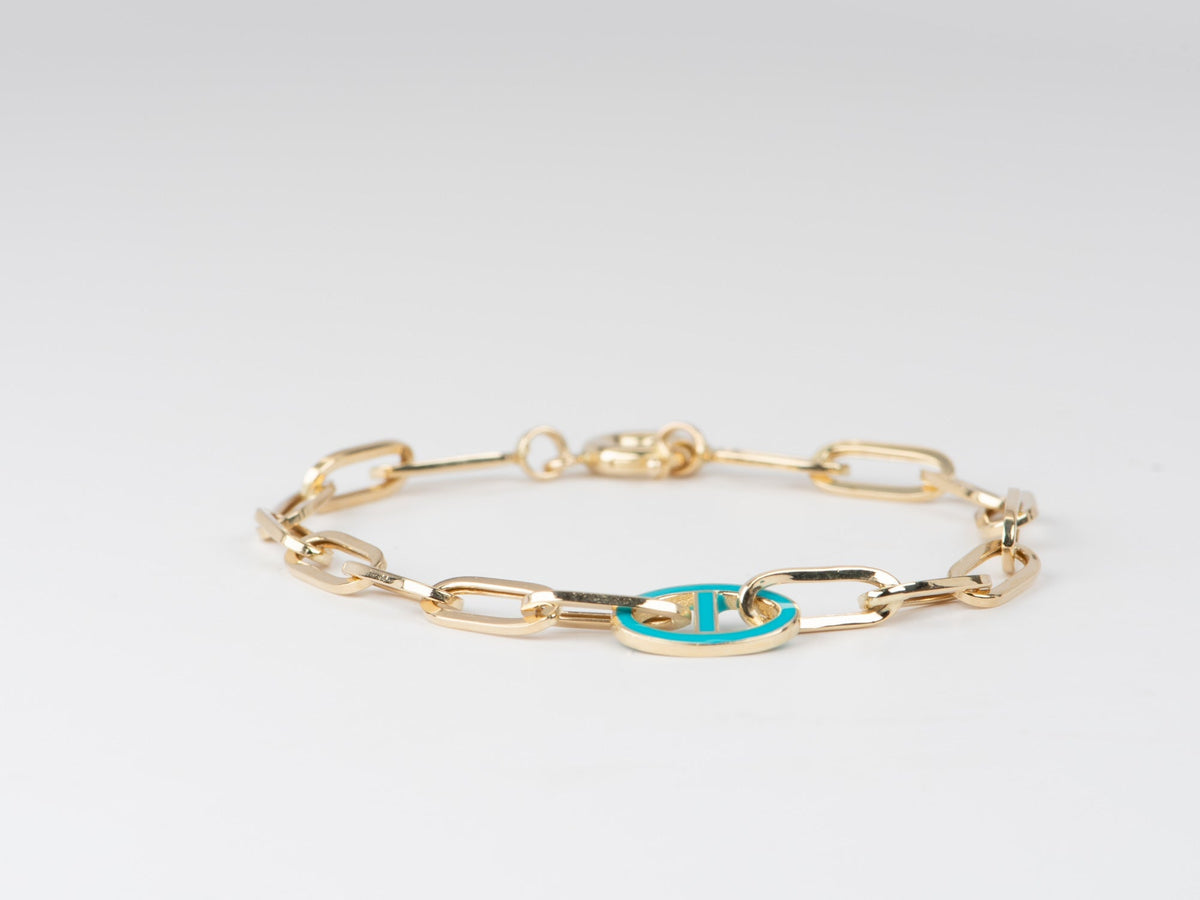Paperlink Bracelet with Turquoise Enamel Mariner Link 14K Gold 4-4.09g R2062 Aurora Designer