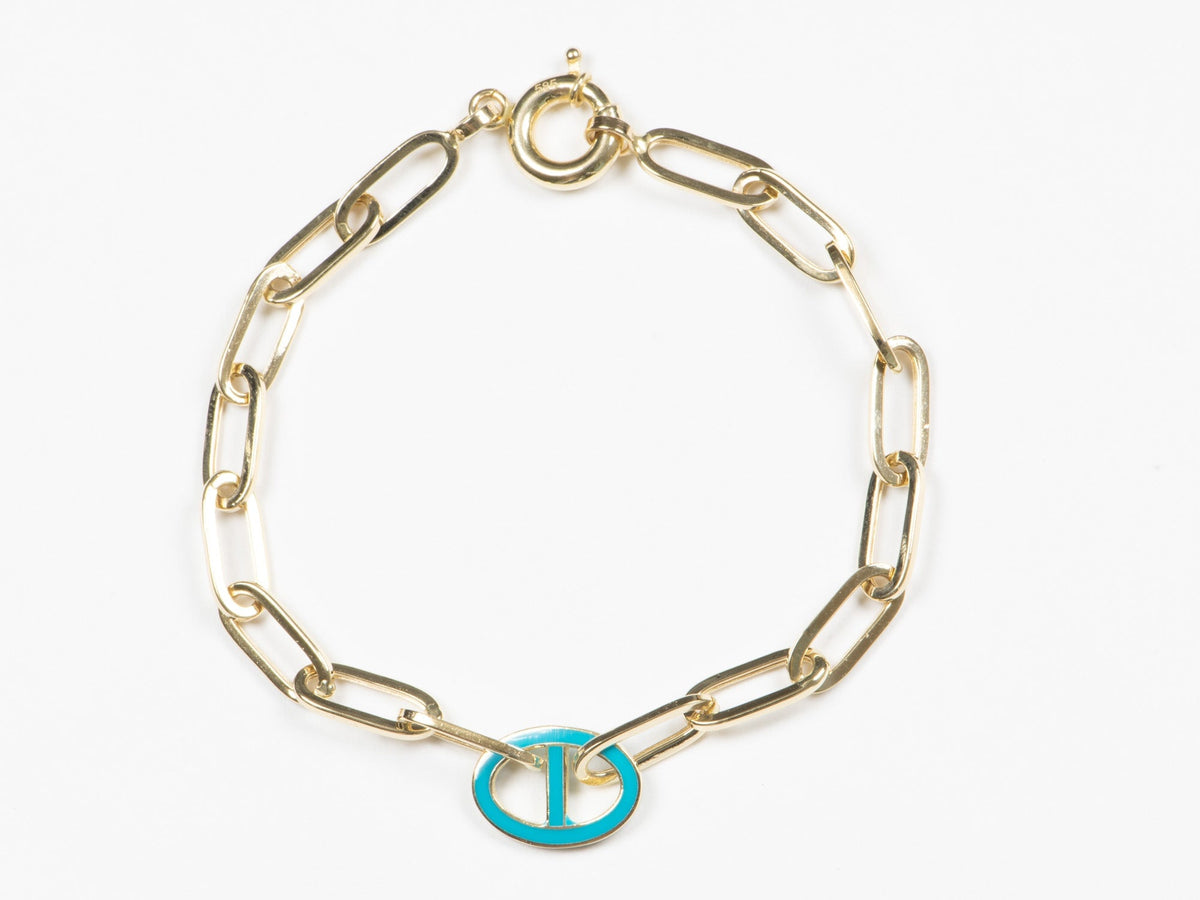 Paperlink Bracelet with Turquoise Enamel Mariner Link 14K Gold 4-4.09g R2062 Aurora Designer