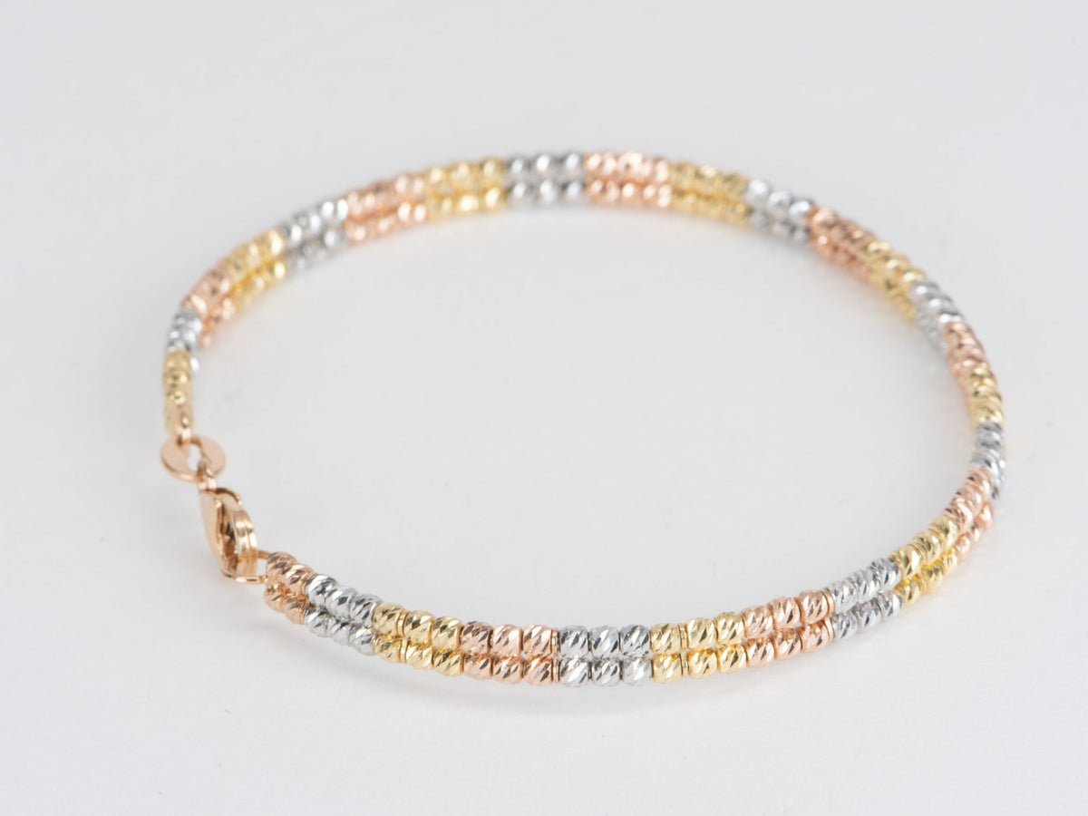 18K Gold Tri-Color Diamond Cut Bead Double Row Bangle 6.31g R2065 Aurora Designer