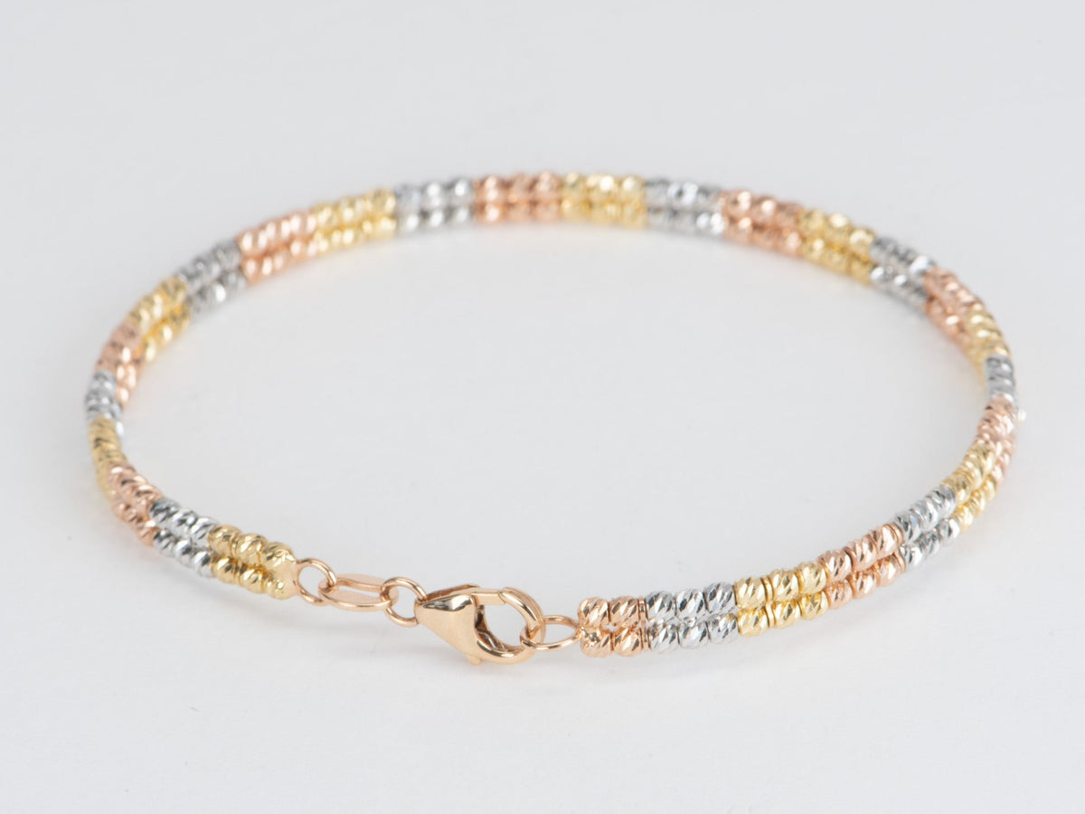 18K Gold Tri-Color Diamond Cut Bead Double Row Bangle 6.31g R2065 Aurora Designer