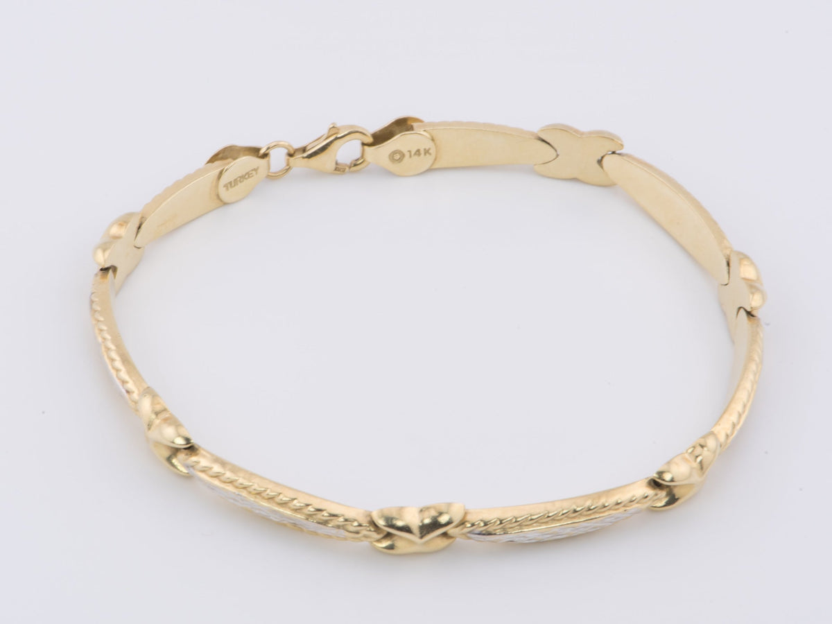 14K White and Yellow Gold Two-Tone Textured X-Bar Bracelet 7.5&quot; R2073 Aurora Designer