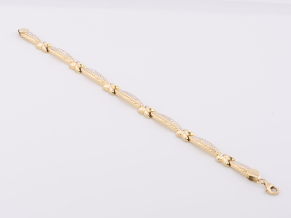 14K White and Yellow Gold Two-Tone Textured X-Bar Bracelet 7.5&quot; R2073 Aurora Designer