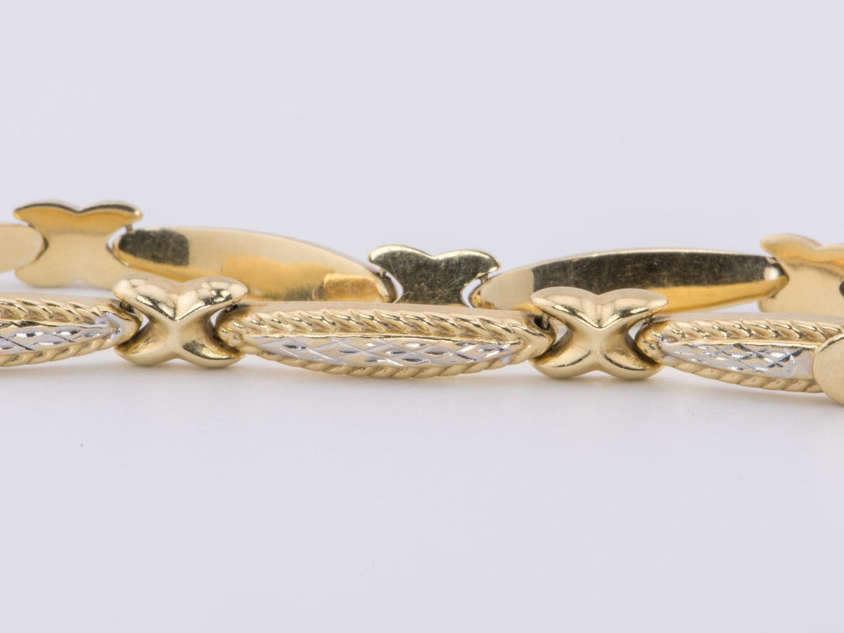 14K White and Yellow Gold Two-Tone Textured X-Bar Bracelet 7.5&quot; R2073 Aurora Designer