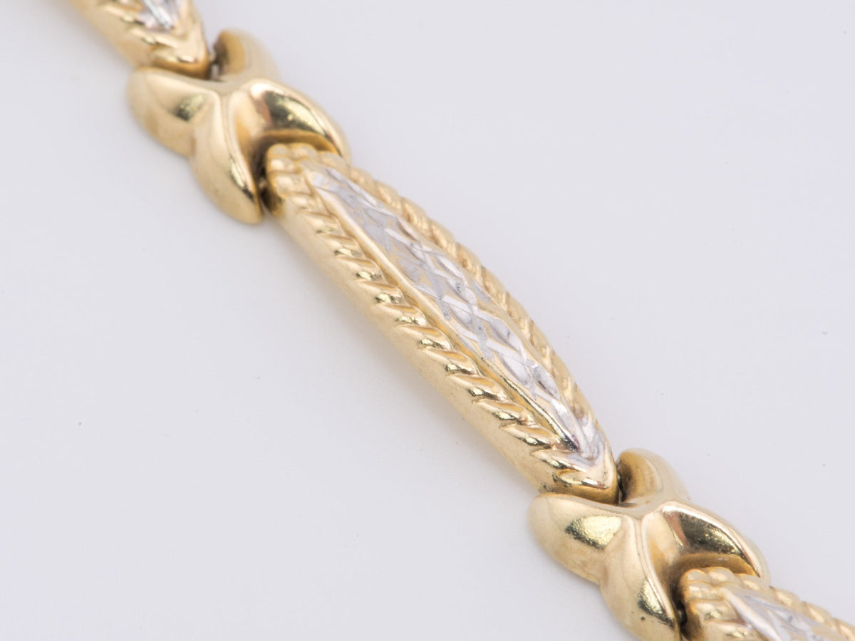 14K White and Yellow Gold Two-Tone Textured X-Bar Bracelet 7.5&quot; R2073 Aurora Designer