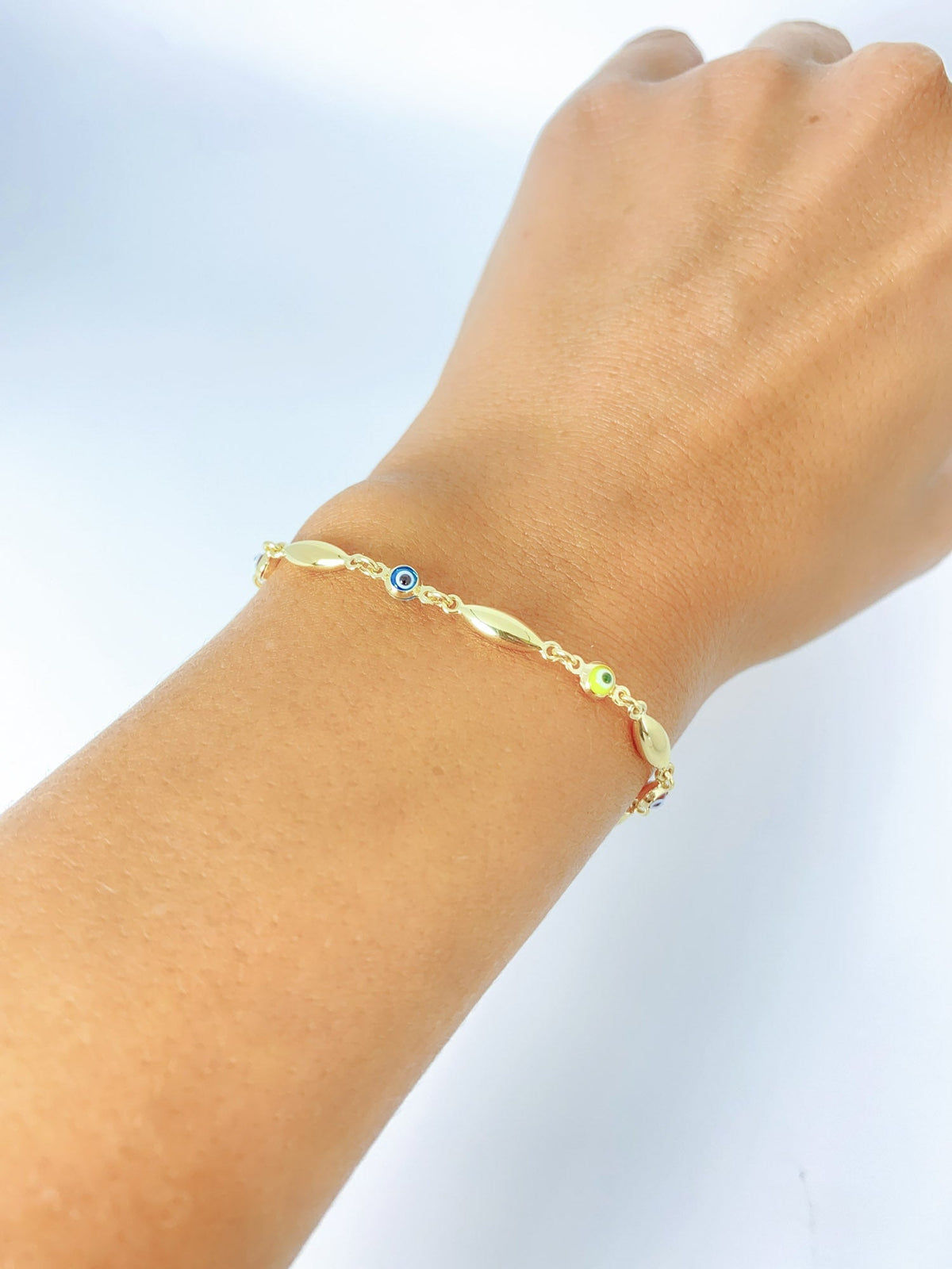 7.25" 14K Gold Multi-Color Evil Eye &amp; Gold Link Bracelet R2078 Aurora Designer