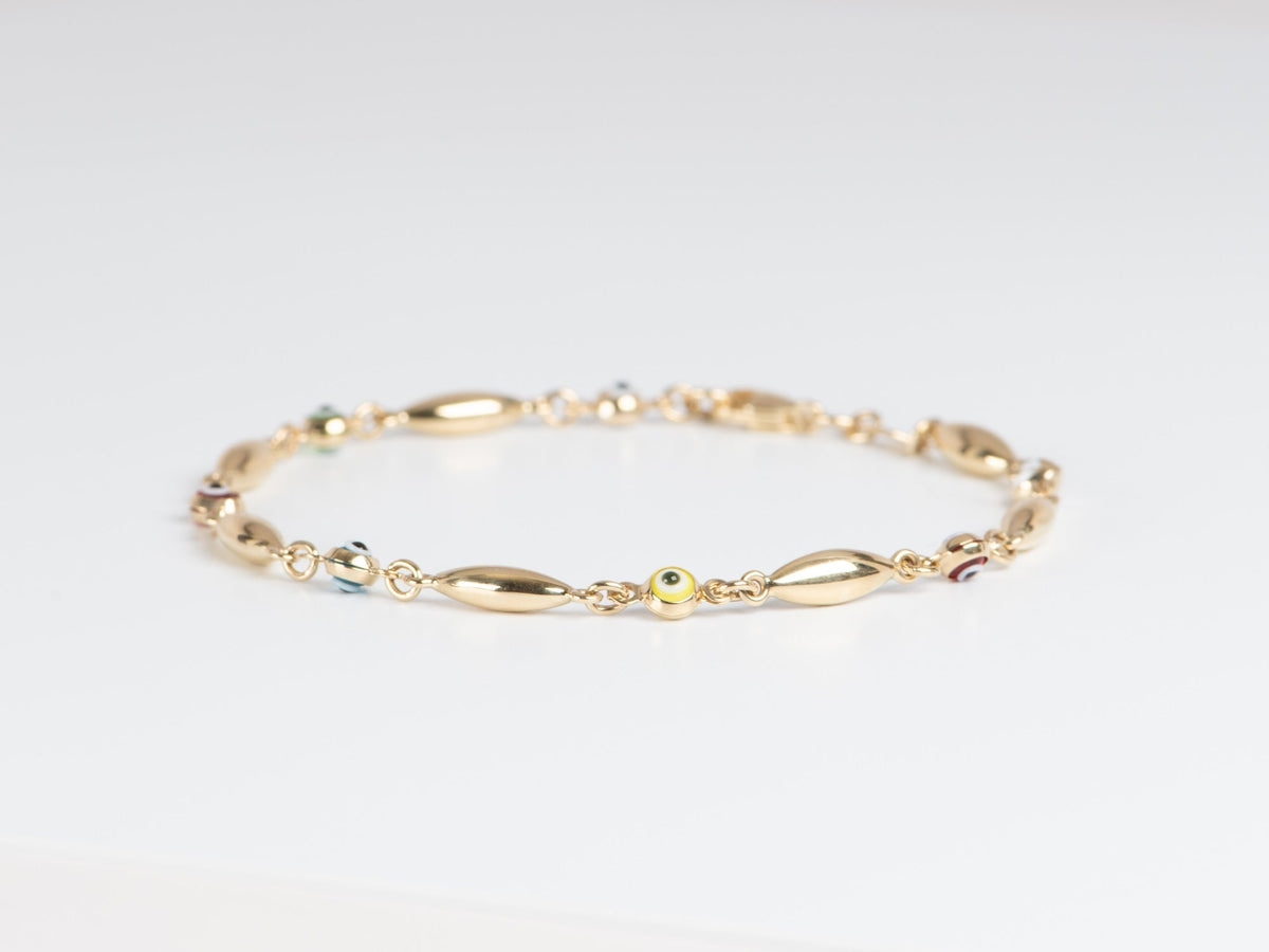 7.25" 14K Gold Multi-Color Evil Eye &amp; Gold Link Bracelet R2078 Aurora Designer