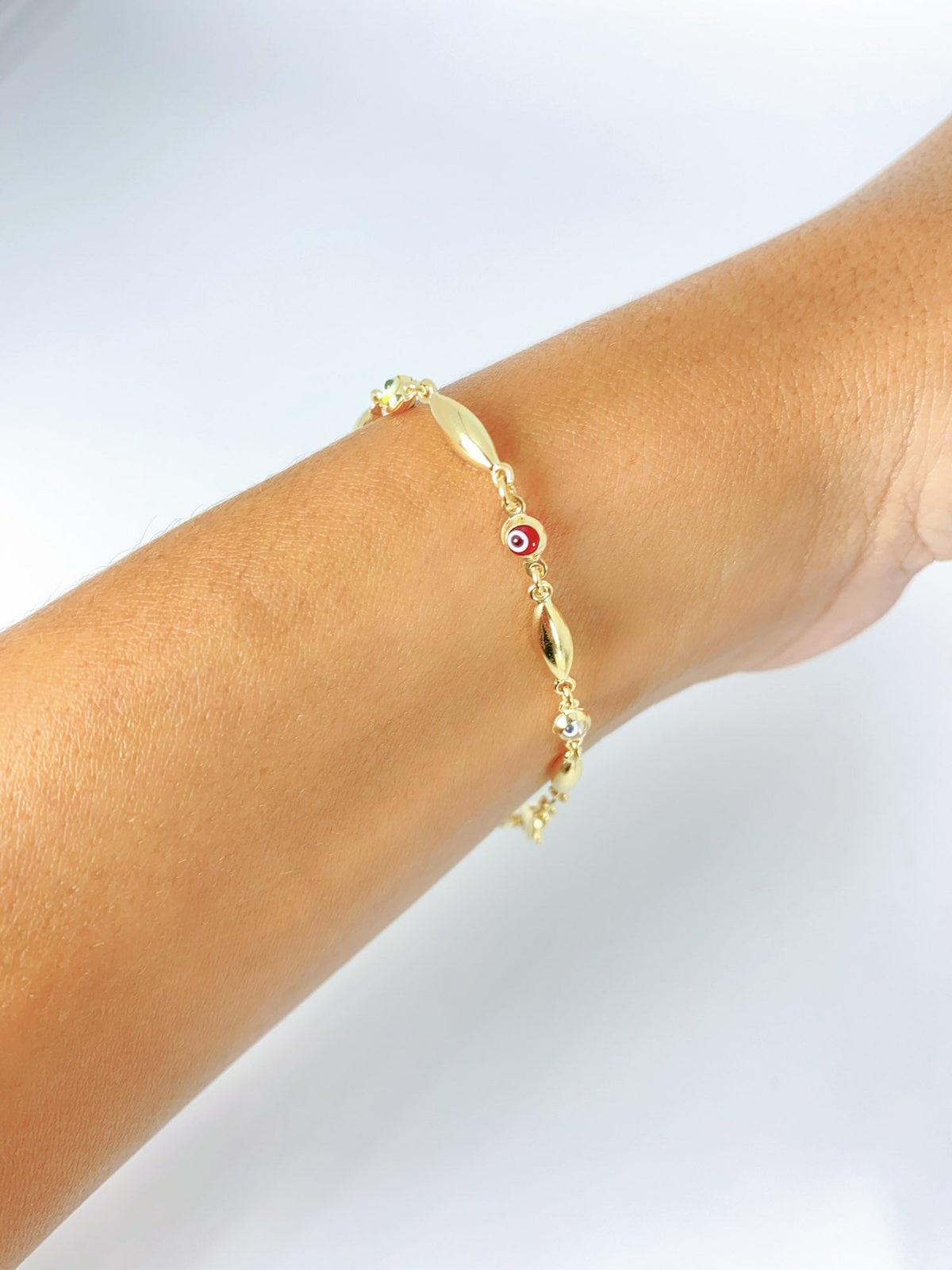 7.25" 14K Gold Multi-Color Evil Eye &amp; Gold Link Bracelet R2078 Aurora Designer