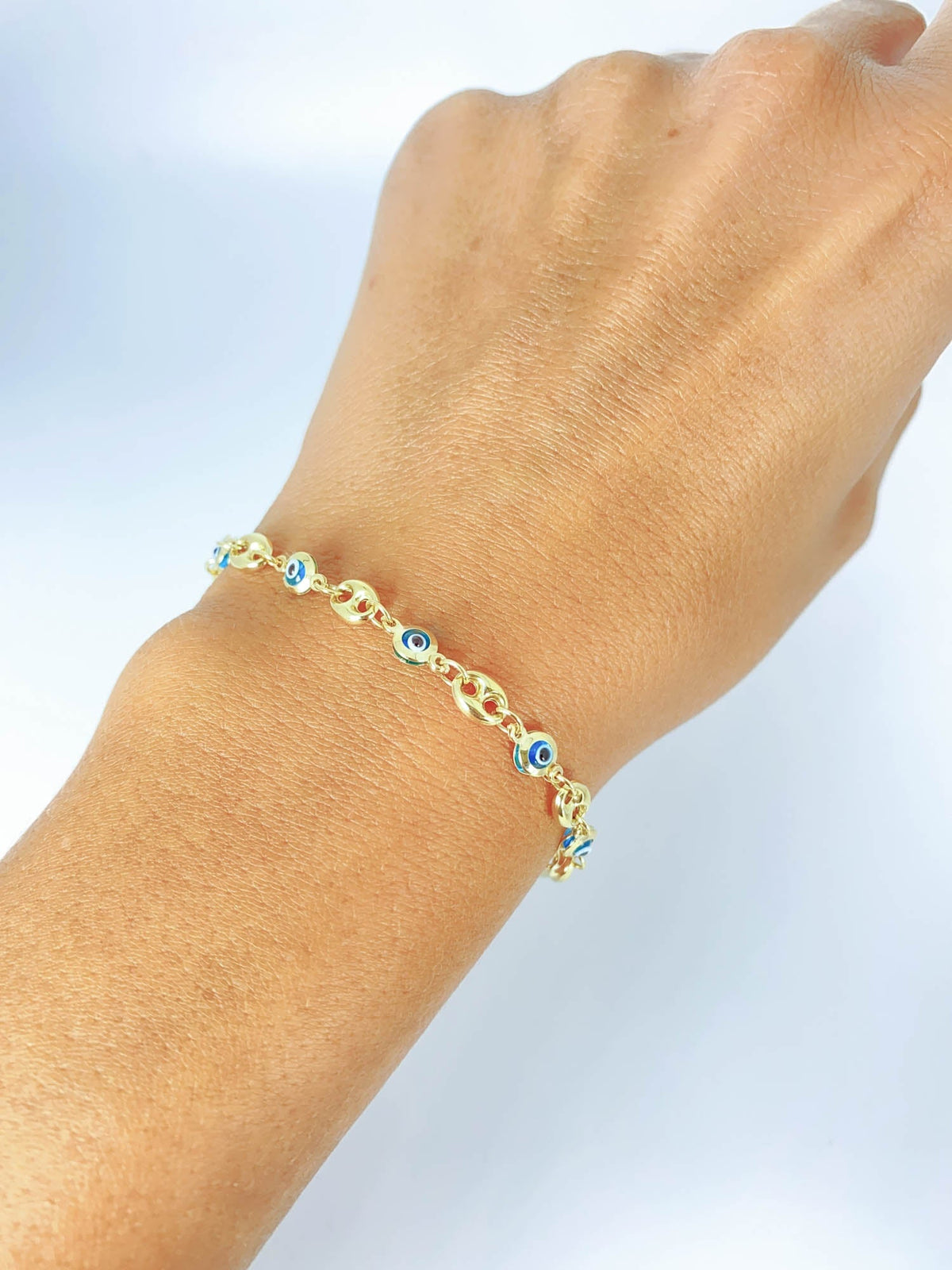 7.25" 14K Gold Evil Eye &amp; Mariner Link Bracelet R2079 Aurora Designer
