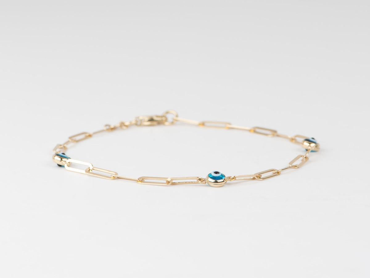 7.25" 14K Gold Evil Eye &amp; Paperclip Link Bracelet R2080 Aurora Designer