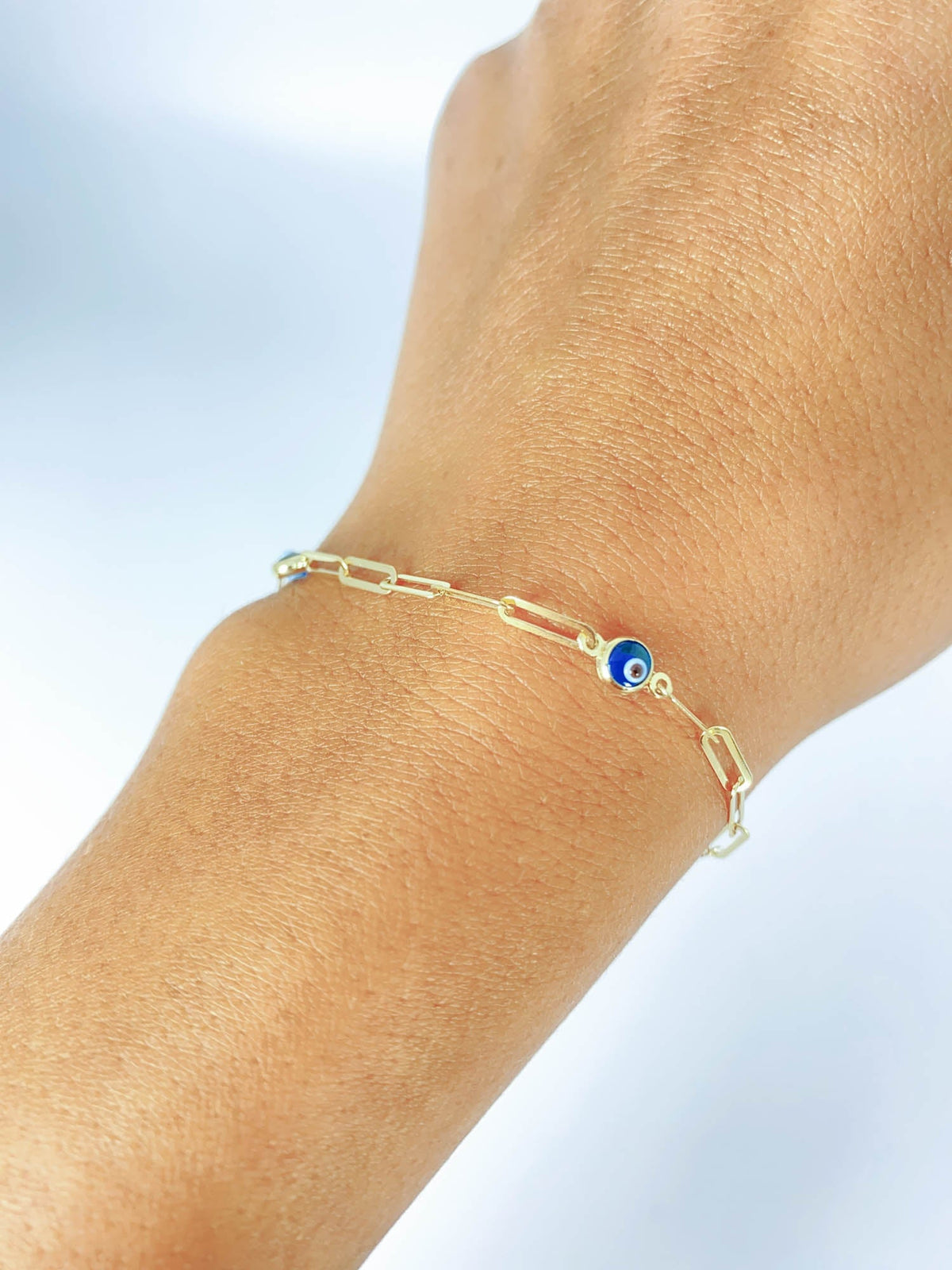 7.25" 14K Gold Evil Eye &amp; Paperclip Link Bracelet R2080 Aurora Designer