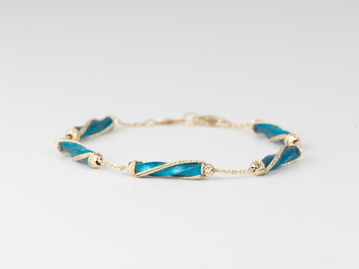 7&quot; 14K Gold Bracelet Diamond Cut and Bright Blue Enamel Spiral Links 4.57g R2083 Aurora Designer