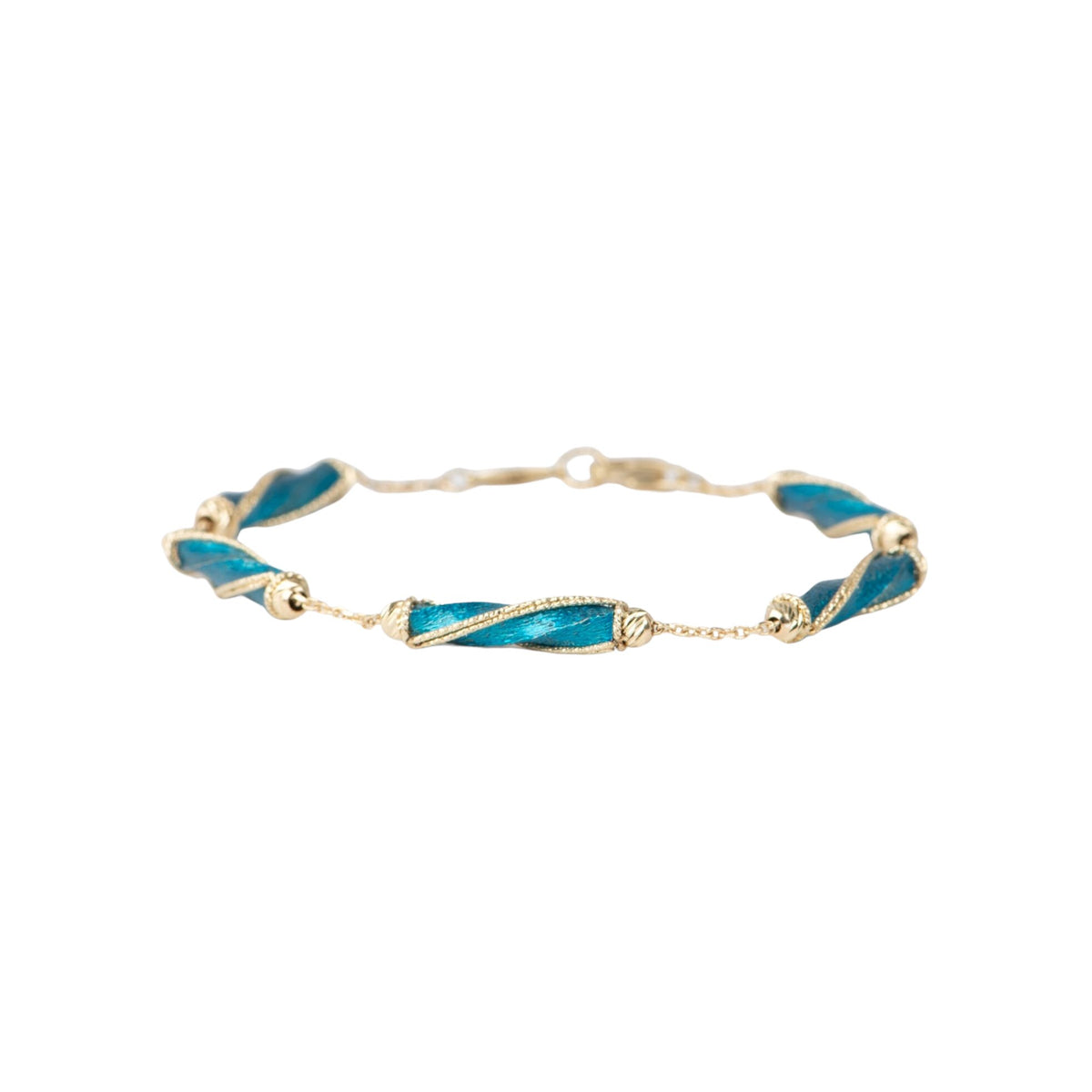 7&quot; 14K Gold Bracelet Diamond Cut and Bright Blue Enamel Spiral Links 4.57g R2083 Aurora Designer