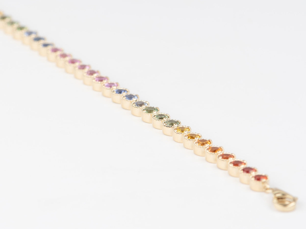 3mm Rainbow Sapphire Bracelet 14K Gold Smooth and Milgrain Edge R2089 Aurora Designer