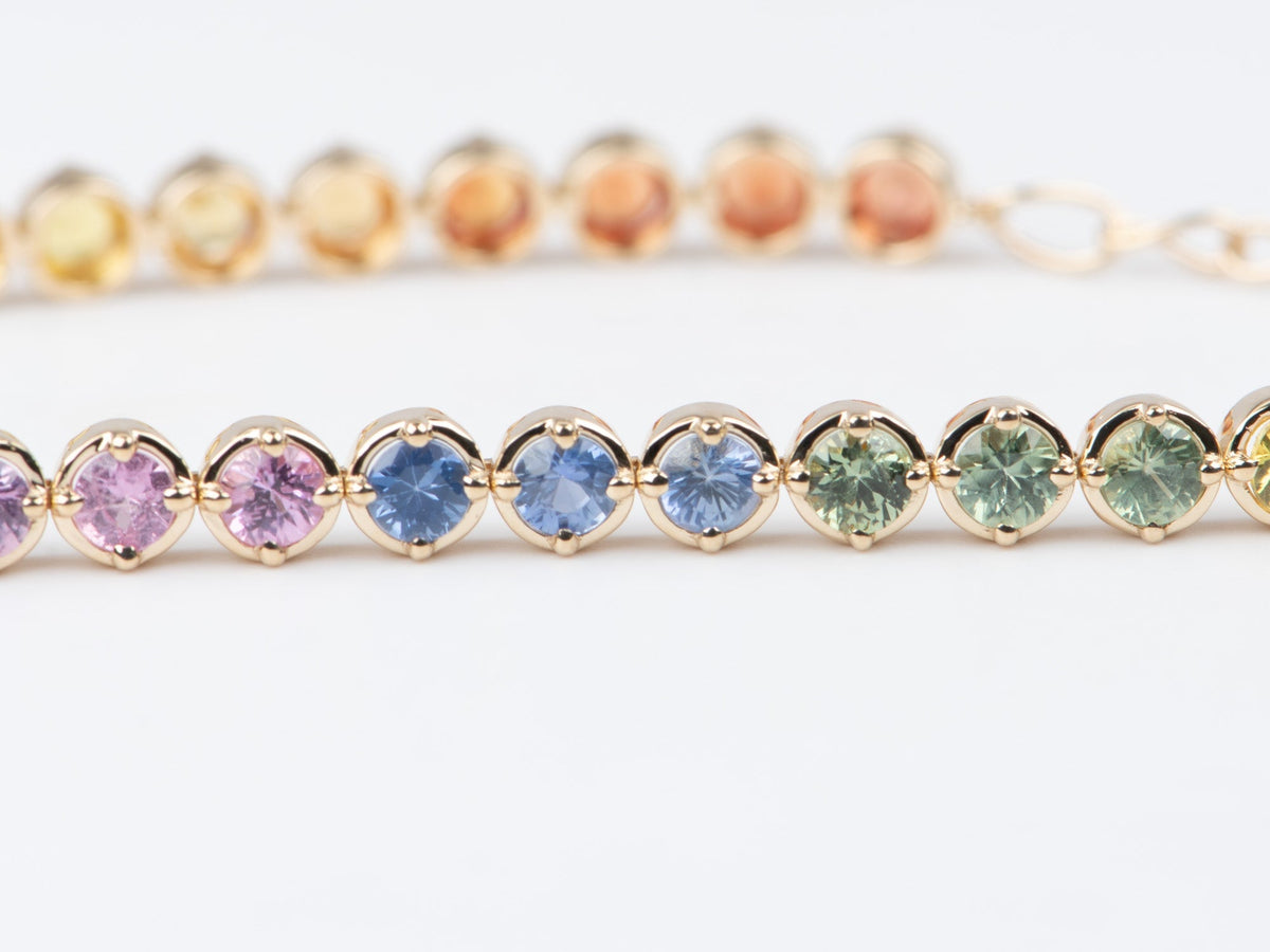 3mm Rainbow Sapphire Bracelet 14K Gold Smooth and Milgrain Edge R2089 Aurora Designer