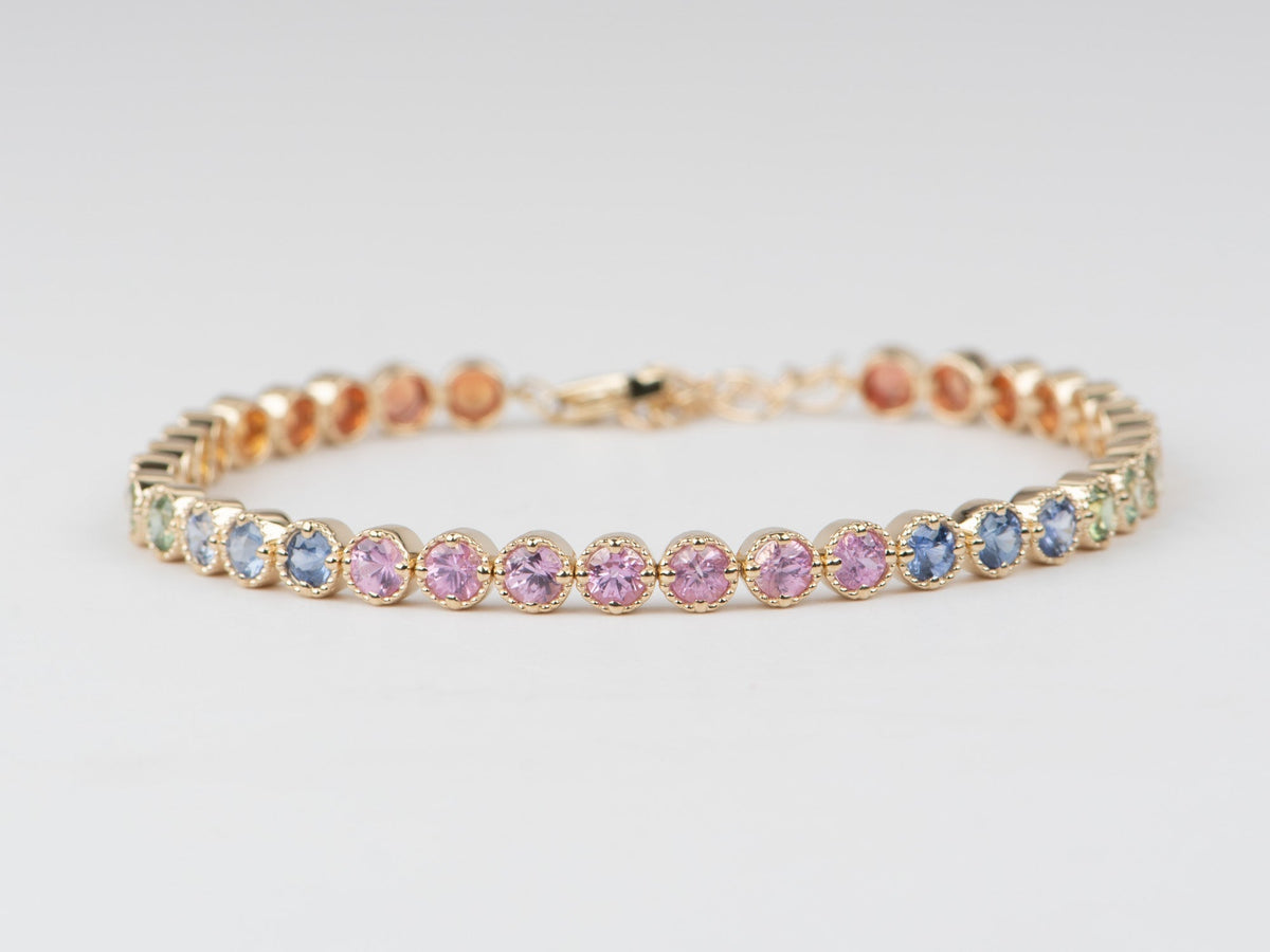 3mm Rainbow Sapphire Bracelet 14K Gold Smooth and Milgrain Edge R2089 Aurora Designer