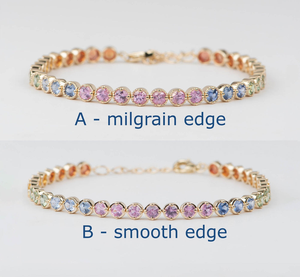 3mm Rainbow Sapphire Bracelet 14K Gold Smooth and Milgrain Edge R2089 Aurora Designer