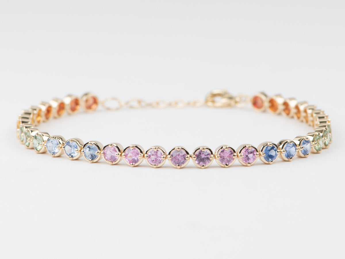 3mm Rainbow Sapphire Bracelet 14K Gold Smooth and Milgrain Edge R2089 Aurora Designer