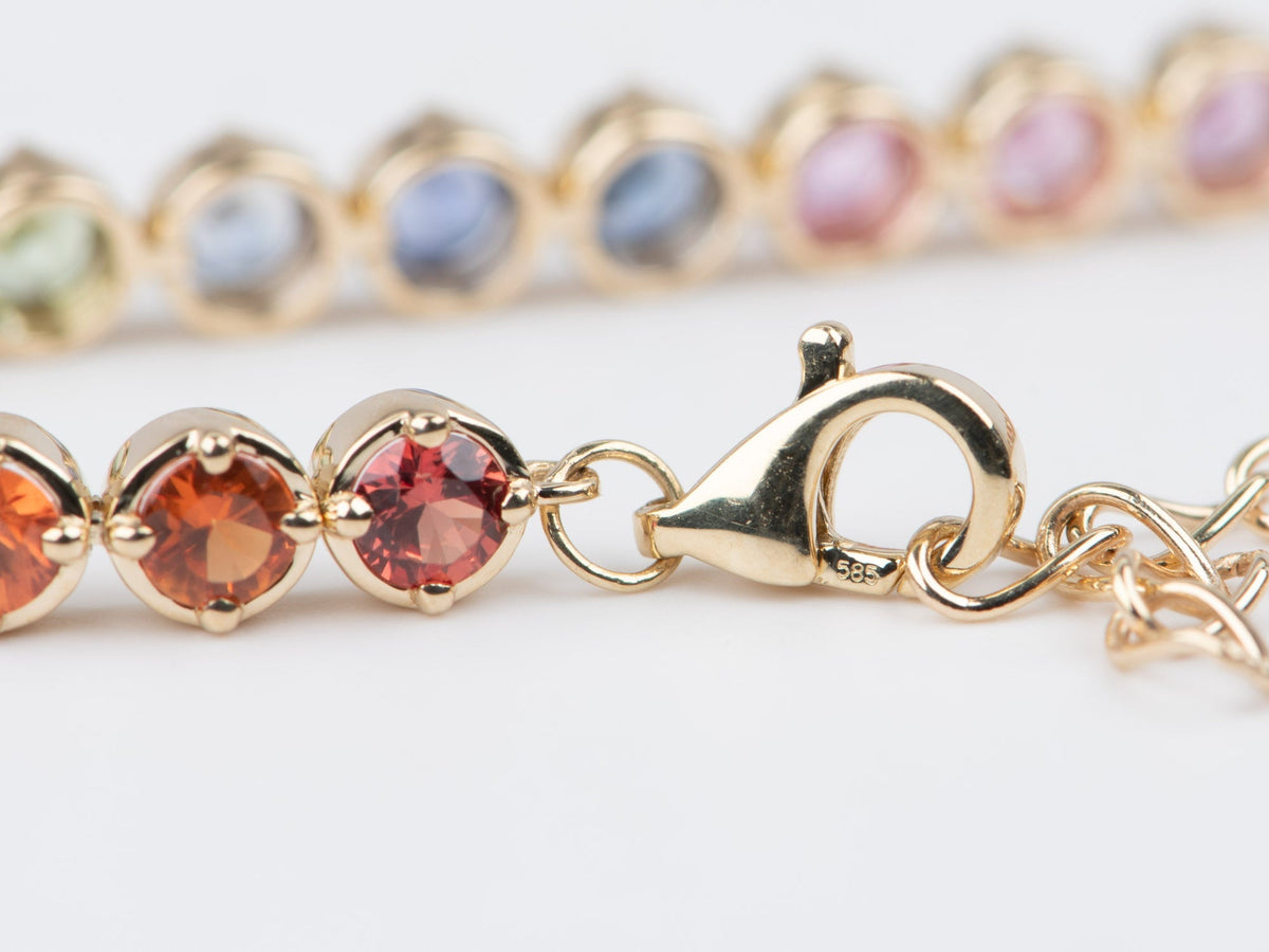 3mm Rainbow Sapphire Bracelet 14K Gold Smooth and Milgrain Edge R2089 Aurora Designer